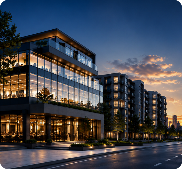 Modern commercial building at dusk